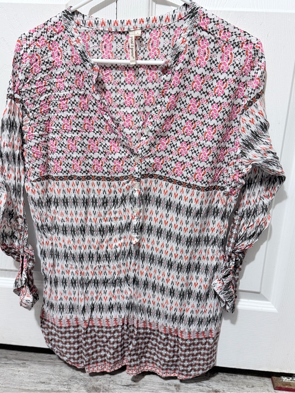 grand & greene Pink, White and Gray Mixed-Print V-Neck Blouse